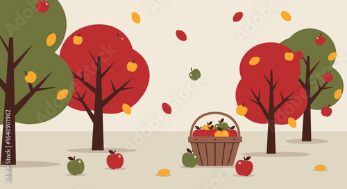 Autumnal Apple Orchard Scene With Basket And Fall Foliage Illustration