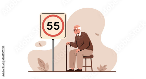 Age Fifty-Five Milestone Depiction With an Elder Man and Sign Illustration