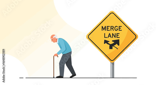 Aging Process Metaphor Old Man Walking Beside Merge Lane Street Sign