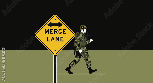 Ambiguous Journey Military Figure Beside A Traffic Road Sign Illustration