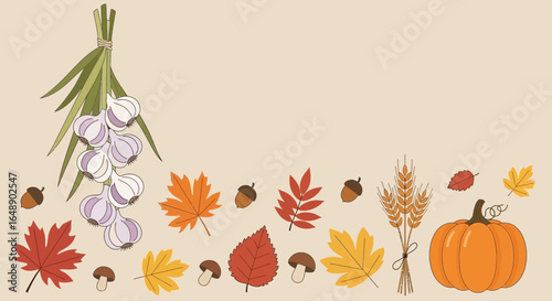 Autumnal Bounty With Garlic Garland Pumpkin And Variety Of Colorful Fallen Leaves