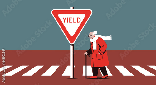 An Elderly Woman Respects A Yield Sign At A Pedestrian Crossing On City Street