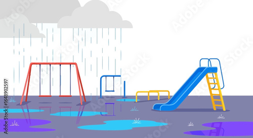 An empty playground with swings and a slide is depicted during a rainy day in this colorful illustration