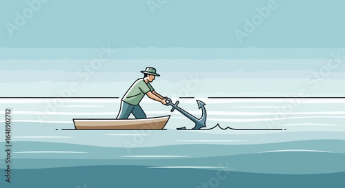 Anchoring At Sea Man In Boat Dropping Anchor Flat Vector Illustration