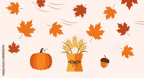 Autumnal Celebration: Pumpkin Wheat Sheaf and Colorful Falling Maple Leaves Illustration