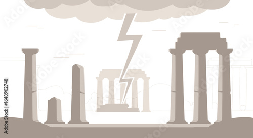 Ancient Architectural Ruins Under A Stormy Sky With Dramatic Lightning Strike