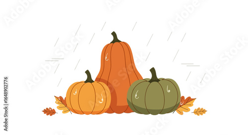 Autumnal Charm: Whimsical Pumpkins and Falling Leaves in a Gentle Rain Scene Illustration