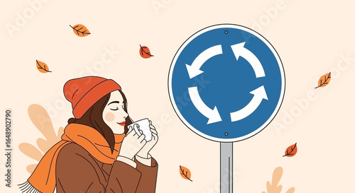 Autumnal Coffee Break: Woman Near Traffic Roundabout Sign Enjoying Warm Beverage
