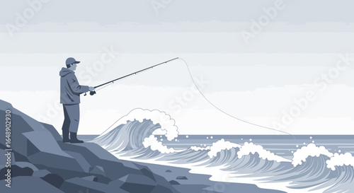Angler Casting Line From Rocky Coast On Ocean With Dynamic Waves