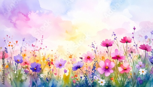 “Watercolor painting of a vibrant spring flower field stretching to the horizon, soft pastel sky, gentle sunlight.”