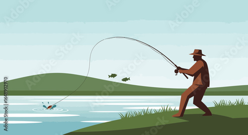Angler catching fish at lake, outdoor recreational fishing activity scene