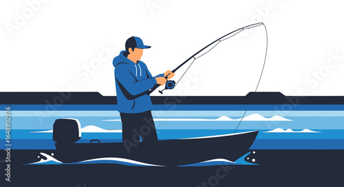 Angler Casts Line From Boat Into Water On Scenic Lake Landscape