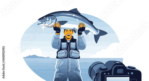 Angler Displays Impressive Catch with Pride Captured in an Illustration