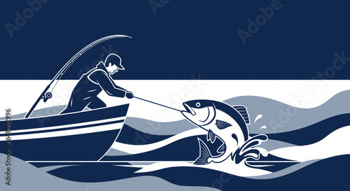 Angler Catching Big Fish Jumping Out Of Water In A Vector Graphic