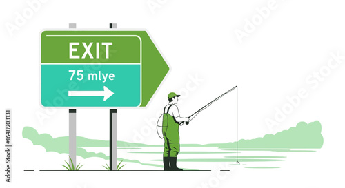 Angler Escaping City Life Seeking Serenity with Fishing near Roadside Exit Sign