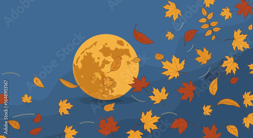 Autumnal Equinox With Golden Moon Leaves In The Night Wind Season