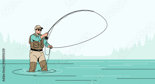 Angler In River Casting Line For Recreational Fishing Adventure Illustration