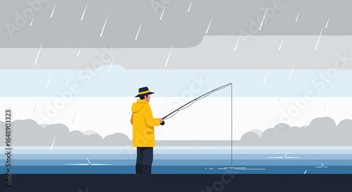 Angler Persistence A Fisherman Pursuing His Passion During a Rain Shower