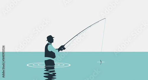 Angler Silhouette Fishing in Calm Waters on a Peaceful Day Outdoors
