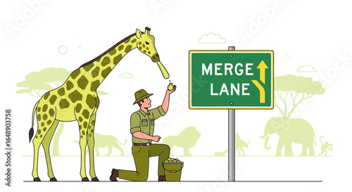 Animal Caretaker Feeding Giraffe in Wildlife Preserve Merge Lane Illustration