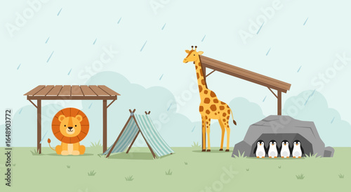 Animals Taking Shelter From Rain Cartoon Illustration Children's Book Style