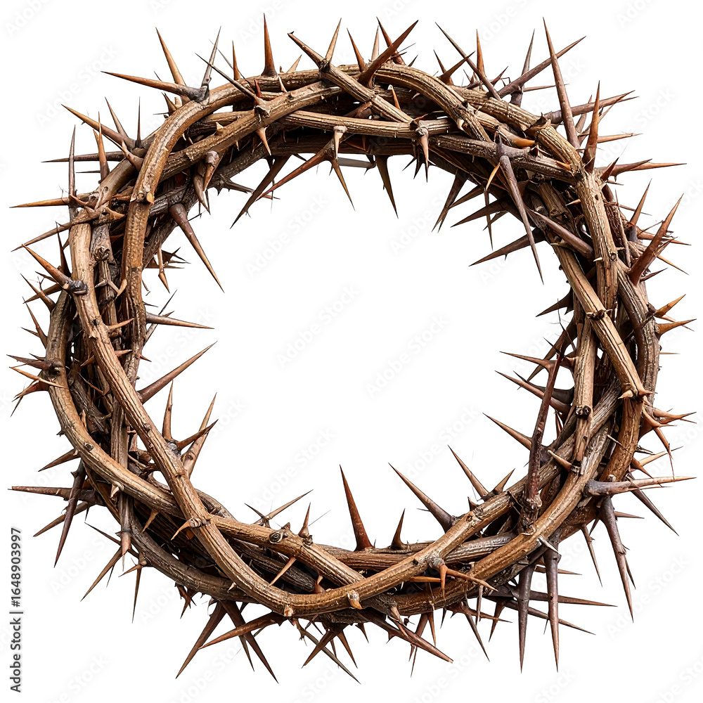Fototapeta premium Crown of Thorns Isolated On White Background: An intricately woven crown of thorns, symbolizing spiritual significance and sacrifice, showcasing its detailed texture and evocative symbolism.