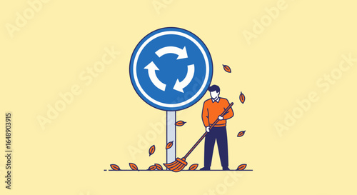Animated Man Sweeping Autumnal Leaves Near Roundabout Sign Road Maintenance