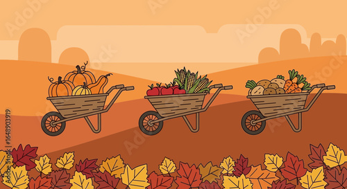 Autumnal Harvest Bounty Three Wheelbarrows Filled With Seasonal Vegetables Collection