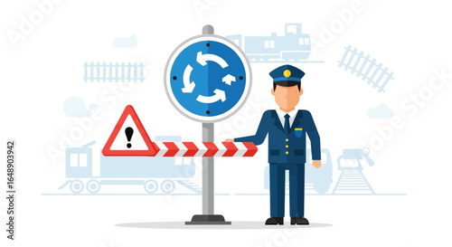 Animated Railway Security Guard At The Crossing Point With Barrier Arm Down