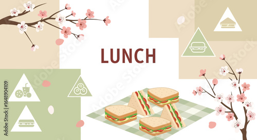 Appetizing Picnic Layout With Sandwich and Delicate Pink Cherry Blossoms Artwork