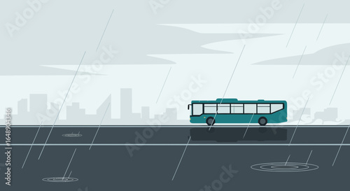 Aquamarine Commute Scene Depicts Transport Through City During Rainy Weather