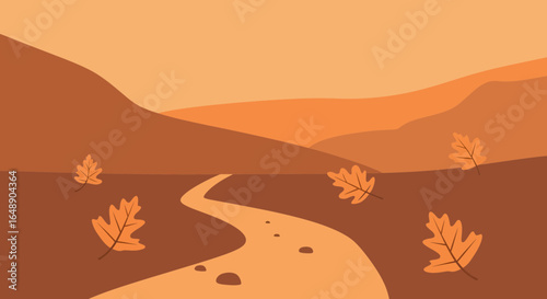 Autumnal Landscape Scene With Winding Path And Falling Leaves In Shades of Brown