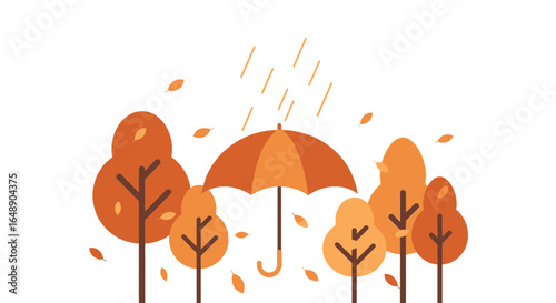 Autumnal Landscape With Umbrella Under Rain In Shades Of Orange And Brown