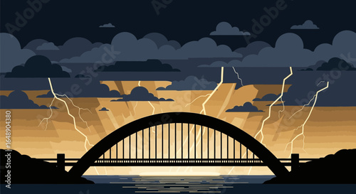 Arched Bridge Silhouette Against Dramatic Lightning Storm Sky Illustration