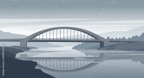 Arched Bridge Over Serene River Reflecting Nature And Misty Mountains