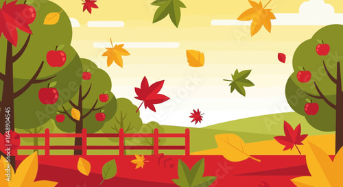Autumnal Orchard Scene With Falling Foliage And Ripe Apple Trees In Harvest
