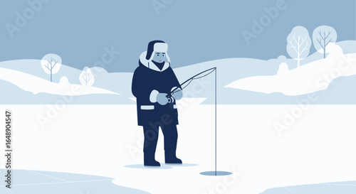 Arctic Angler A Solitary Fisherman Enjoying Winter Leisure on Frozen Lake