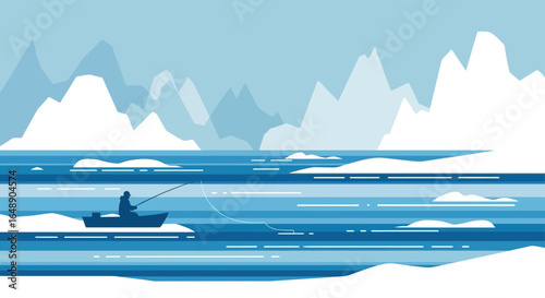 Arctic Angler Serene Winter Landscape Silhouette Of Fisherman In Boat