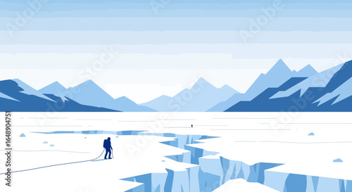 Arctic Explorer Navigating a Glacial Crevasse with Distant Mountain Landscape