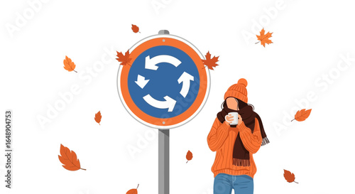 Autumnal Roundabout Scene Woman Enjoying Coffee On A Crisp Weather