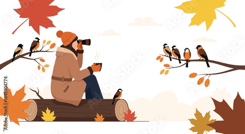 Autumnal Scene Of A Woman Photographing Birds While Enjoying Hot Beverage