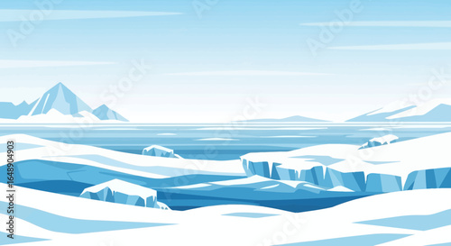 Arctic Landscape With Icebergs And Distant Mountains Vector Illustration