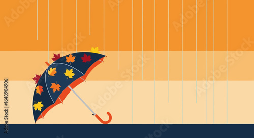 Autumnal Showers Leaves Decorate An Umbrella During A Fall Rainstorm