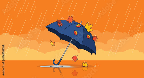 Autumnal Showers A Cartoon Umbrella Sheltering From Rain And Falling Leaves