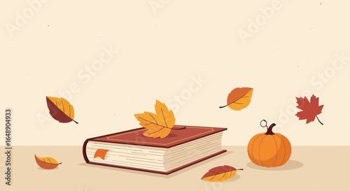 Autumnal Still Life Featuring a Book Leaves And Pumpkin Illustration