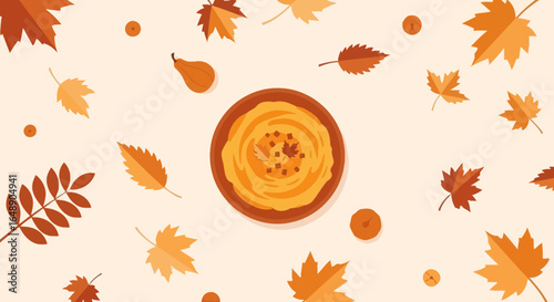 Autumnal Still Life Featuring Butternut Squash Soup And Falling Leaves
