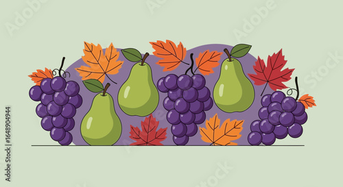 Autumnal Still Life Featuring Pears Grapes And Colorful Fall Leaves