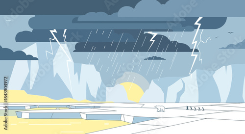 Arctic Landscape With Polar Bear And Penguins Under Stormy Sky Cartoon