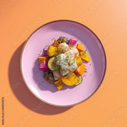 Fresh Colorful Vegetable Salad on Pink Plate with Orange Background