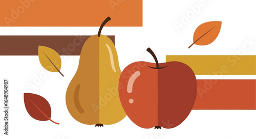 Autumnal Still Life Pear And Apple With Falling Leaves And Colored Geometric Shapes